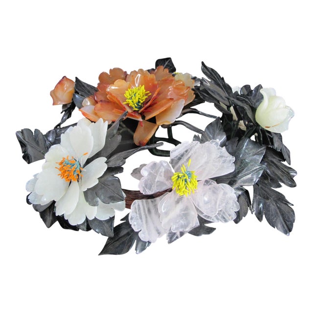 Chinese Carved Jade Carnelian & Quartz Hardstone Flower Centerpiece For Sale