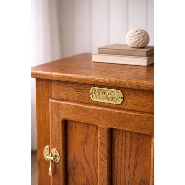 Vintage White Cap “Snooze Island” Oak Icebox-Style Cabinet – Brass Hardware – 22” W For Sale - Image 9 of 10