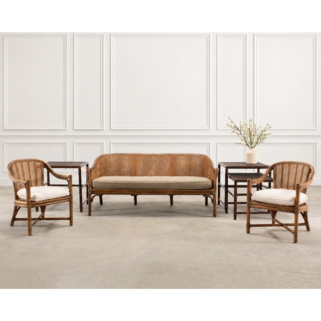 An exceptional labeled Organic Modern bamboo, rattan, leather, and cane sofa settee made by artisans at McGuire, San...