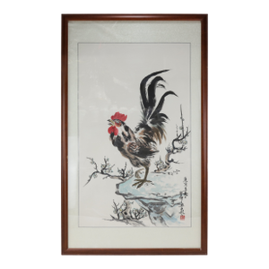Framed Traditional Chinese Rooster Painting on Paper