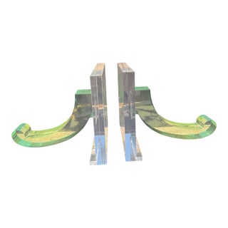 Made Goods Style Sculptural Lucite Bookends Green Acrylic Ribbon Modern Decor For Sale