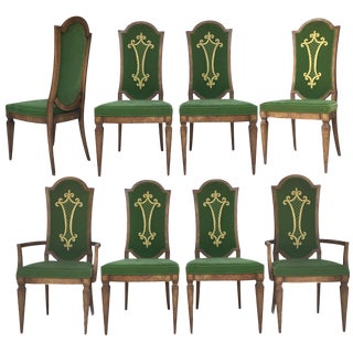 Dorothy Draper for Heritage Green Velvet with Embroidery Dining Chairs- Set of 8 For Sale