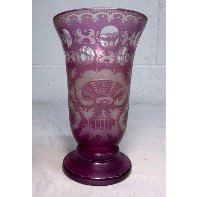 Purple Antique Handmade Engraved German Purple Cut to Clear Glass Vase Cup Chalice For Sale - Image 8 of 10