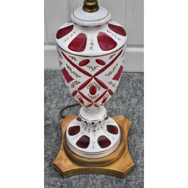 Cranberry Glass and Brass Lamp Vintage Table Bohemian Czech Hand Painted For Sale - Image 13 of 18
