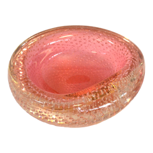 1960s Murano Seguso Style Pink & Gold Controlled Bubbles Art Glass Bowl, Italy