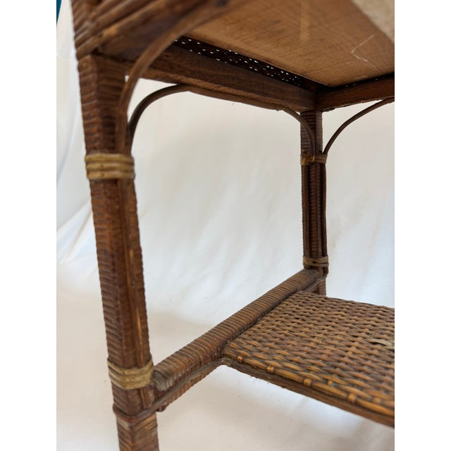 Antique Victorian Wicker Rattan Sewing Stand | Lift-Top Toile Lined, Two Drawers | Edwardian Work Table, 31in For Sale - Image 9 of 18