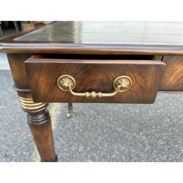 Late 20th Century English Regency Style Tolled Leather and Walnut Writing Desk Table For Sale - Image 5 of 7