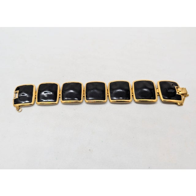 Monet Vintage Signed Monet Goldtone & Black Enamel Contempora Link Bracelet, 1972 For Sale - Image 4 of 9