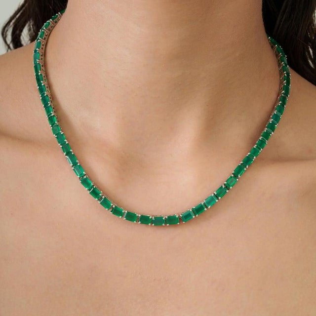 33.30 Ct Green Onyx Tennis Necklace in Sterling Silver Prong Set For Sale - Image 6 of 12