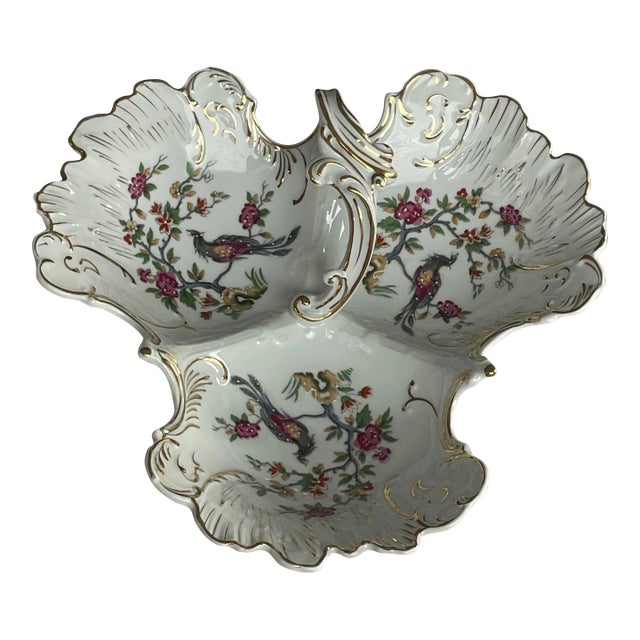 Vintage Tri-Section Handpainted Dish Serving Bowl Vintage Large Condiment Server For Sale