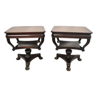 Vintage French Empire Style Mahogany 2 Tier Paw Feet Side End Tables - A Pair For Sale