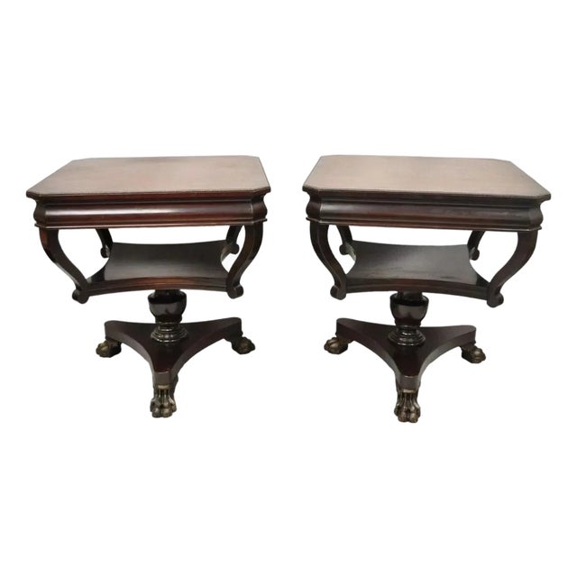 Vintage French Empire Style Mahogany 2 Tier Paw Feet Side End Tables - A Pair For Sale