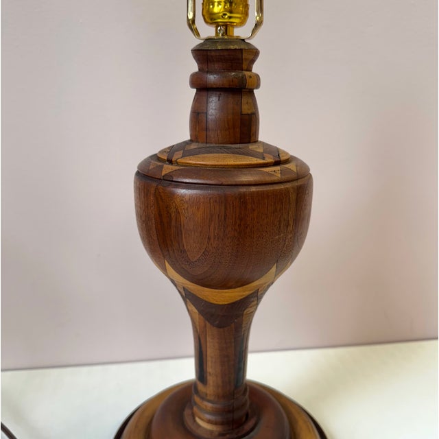 Mid-Century Turned Mixed Wood Lamp With Shade For Sale In New York - Image 6 of 12