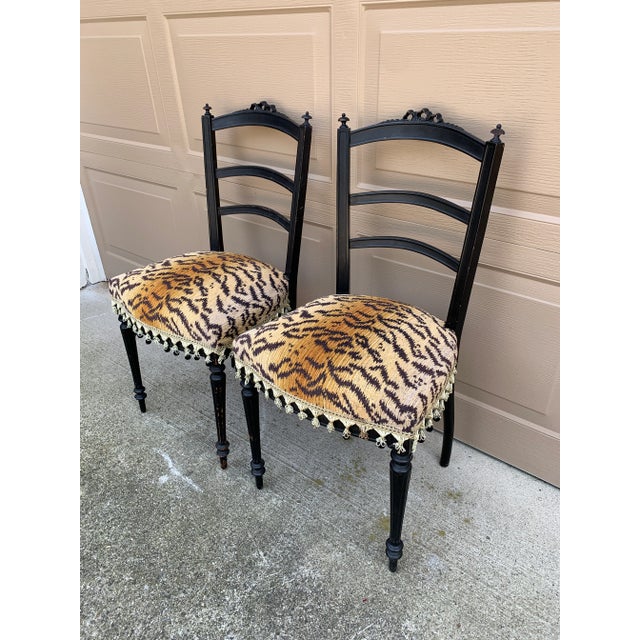 Victorian A Pair of Ebonized Opera Chairs in Tiger Upholstery For Sale - Image 3 of 14