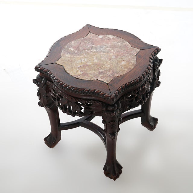 Chinese Antique Chinese Carved Rosewood Marble Top Low Table 1890 For Sale - Image 3 of 8
