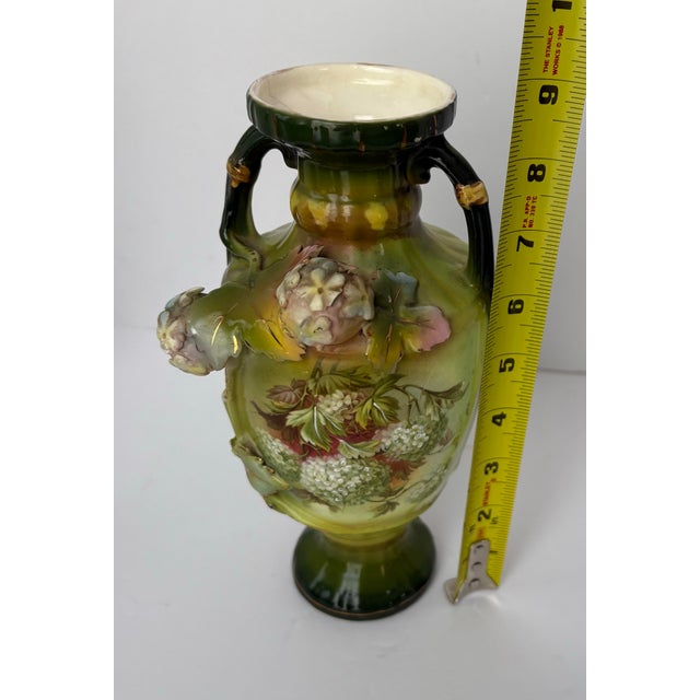 Asparagus Antique Art Nouveau Majolica-Style Green Floral Vase With Twin Handles, Circa 1900 For Sale - Image 8 of 9