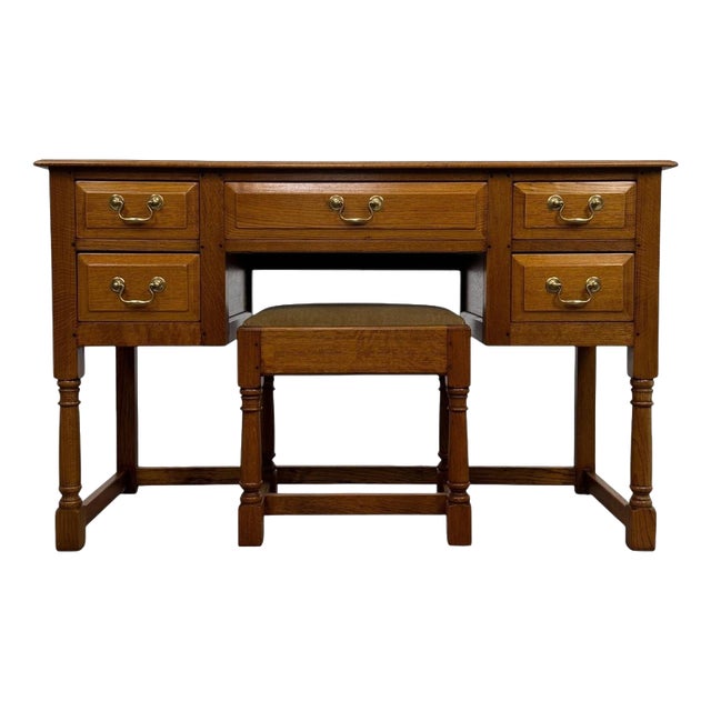 Antique English Oak Writing Table with Matching Stool, 1900s, Set of 2 For Sale