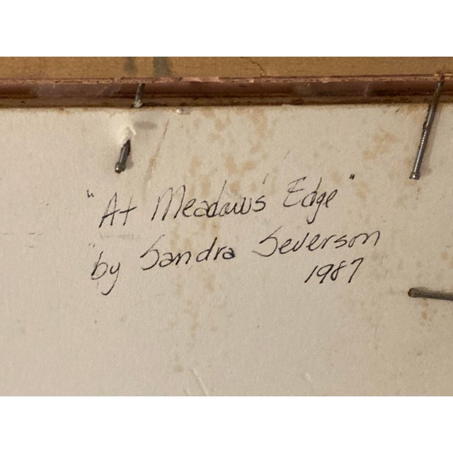 Paint Sandra Severson Oil Painting at Meadow's Edge 1987. Sandra Severson American, 20th Century Oil Painting on Canvas Panel Signed to Lower Right For Sale - Image 7 of 12