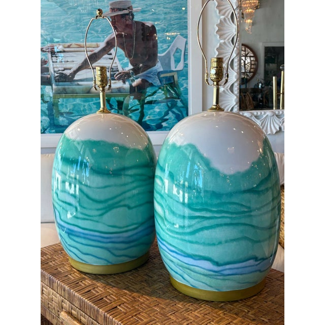 Vintage Pair Ceramic Watercolor Blue Green Modern Coastal Table Lamps Rewired For Sale - Image 9 of 12