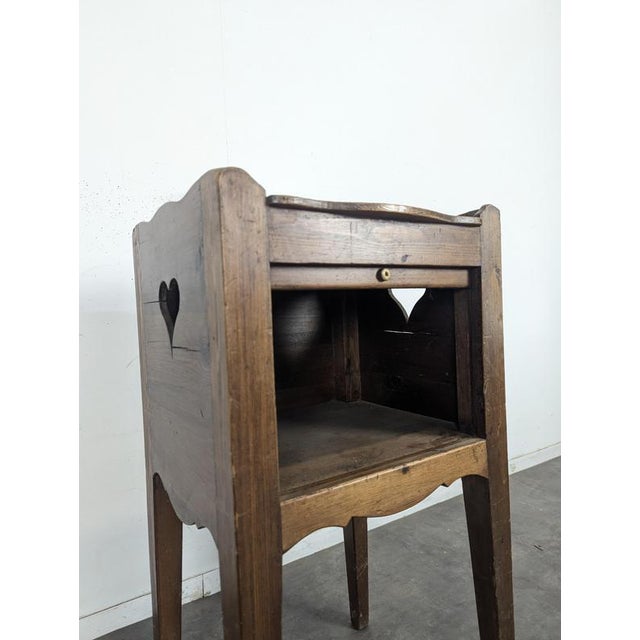 Louis XVI Style Walnut Bedside Table with Curtained Door and Openwork Hearts For Sale - Image 4 of 5