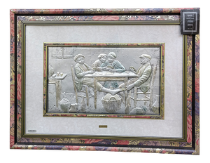 Card Game Bas-Relief on 925 Silver Plate by P. Valenti, 1950s