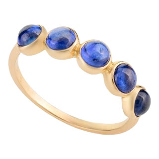 Blue Sapphire Bezel Set Band Stacking Ring in 14k Solid Yellow Gold Size 8 For Sale