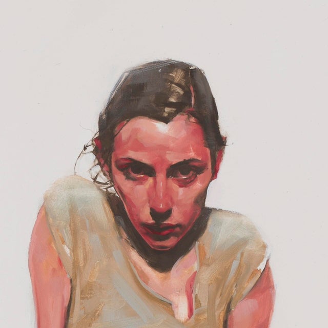 Figurative Watcher by Michael Carson | Oil on Panel Figure of a woman in a dress sitting with an intense expression. For Sale - Image 3 of 5