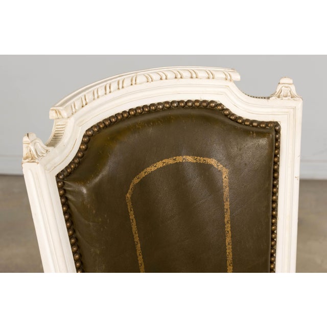 Olive Antique French Louis XVI Style Painted Chairs With Olive Green Leather - A Pair For Sale - Image 8 of 18
