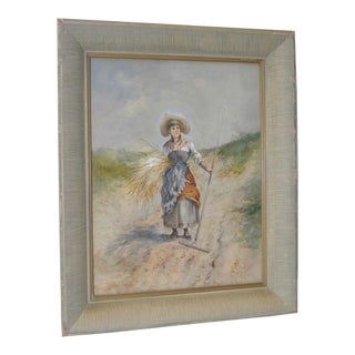 Seaside Grass Harvest Original Watercolor 19th Century For Sale