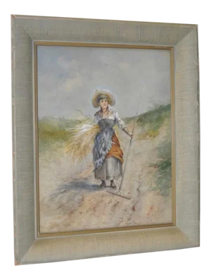 Seaside Grass Harvest Original Watercolor 19th Century