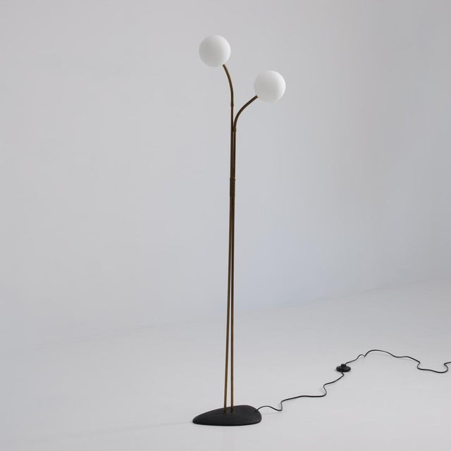 Brass Floor Lamp with Adjustable Arms and Opaline Glass Globes, 1950s For Sale - Image 6 of 9