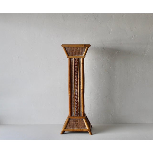 Boho Chic Vintage Bamboo Rattan Pedestal Column Plant Stand For Sale - Image 3 of 14