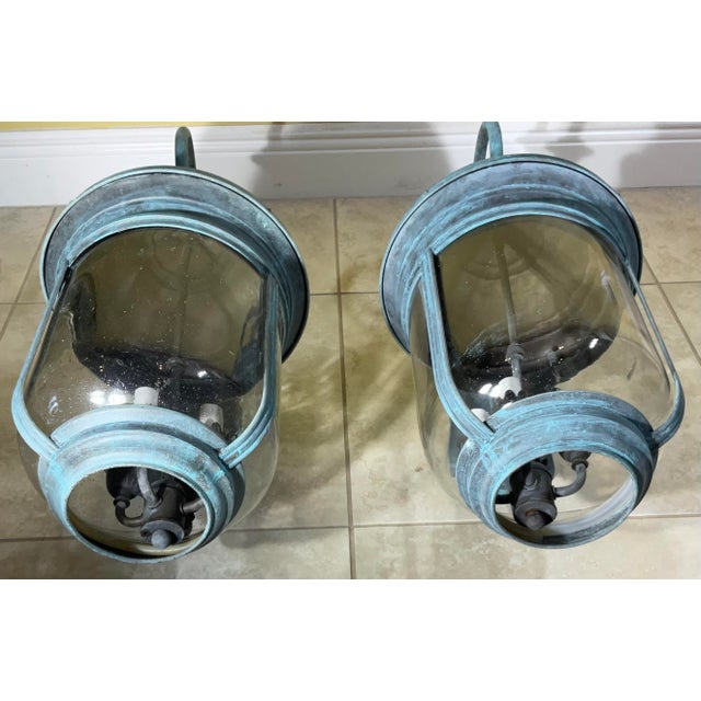 Mid-Century Modern Large Elegant Pair of Vintage Brass Wall Lanterns - Timeless Charm - 28”x 12” For Sale - Image 3 of 12