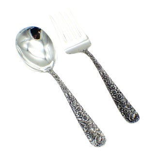 1950s S. Kirk Repousse Pattern Sterling Silver Large Heavy Serving Spoon & Fork Utensil Set. No Monogram For Sale
