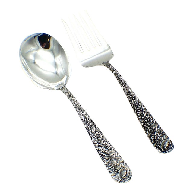 1950s S. Kirk Repousse Pattern Sterling Silver Large Heavy Serving Spoon & Fork Utensil Set. No Monogram For Sale