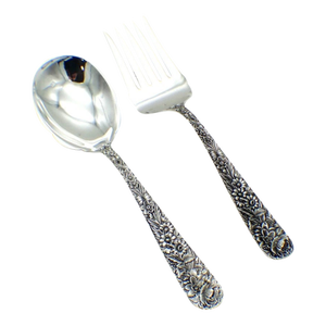 1950s S. Kirk Repousse Pattern Sterling Silver Large Heavy Serving Spoon & Fork Utensil Set. No Monogram
