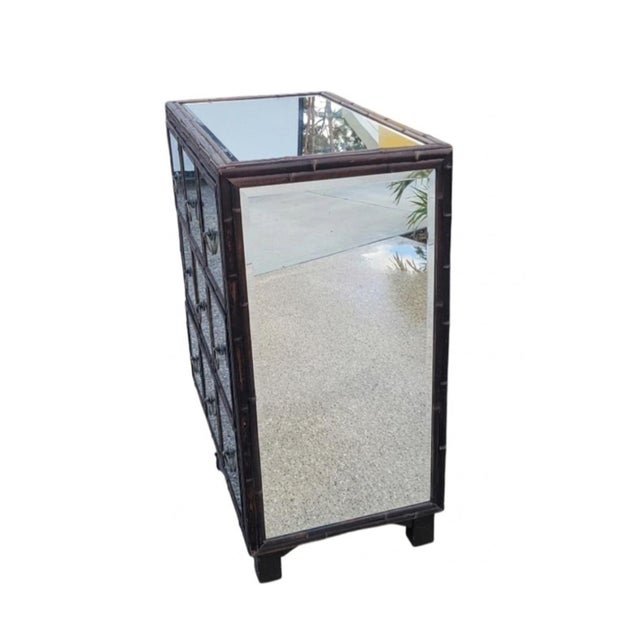 Hollywood Regency Vintage Mirrored Dark Stained Bamboo 3 Drawer Dorothy Draper Style Chest of Drawers For Sale - Image 3 of 12
