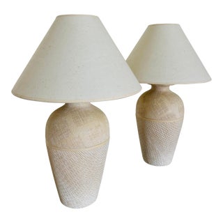 Pair of 1980's Plaster Lamps With Conical Shades For Sale