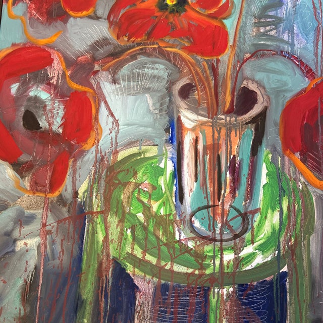 Abstract Expressionism Contemporary Original Abstract Expressionism Red Poppies Still Life Painting For Sale - Image 3 of 6