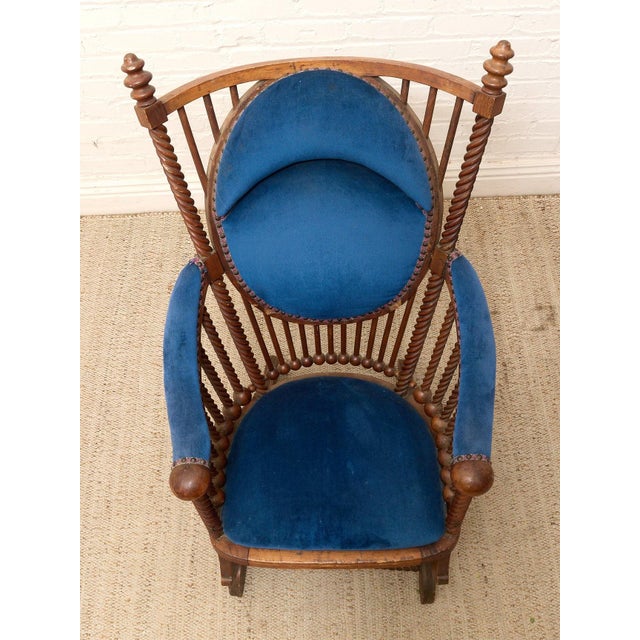 American 1870s Antique Attributed to George Hunzinger Barley Twist Mahogany Needlepoint Rocking Chair For Sale - Image 3 of 10