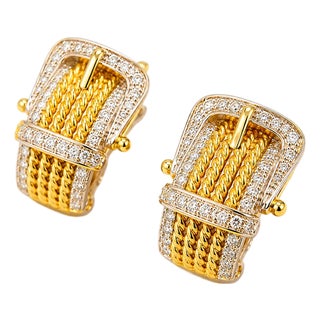 14K Two Tone Gold Estate Diamond Buckle French Clip Earrings For Sale