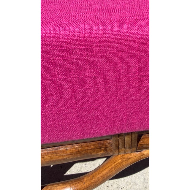 Vintage Rattan Chinoiserie Loveseat, New Pink Linen Upholstery For Sale - Image 9 of 14