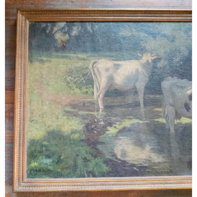 We are selling this great large scale rustic painting of cows. This painting is very well executed and has impressionist...