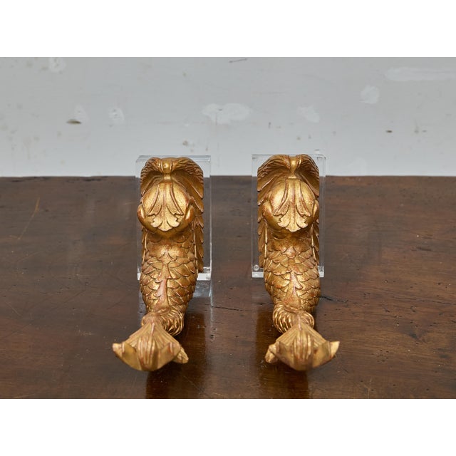 Pair of Baroque Style Giltwood Dolphin Carvings on Lucite Bases, 19th Century For Sale - Image 4 of 7