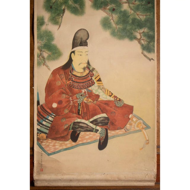 Japanese Pre-1940 Showa Era Japanese Printed Scroll "Seated Samurai" For Sale - Image 3 of 11