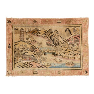 Antique Chinese Art Deco Wool Rug Handmade in Beige With Pictorial Design For Sale