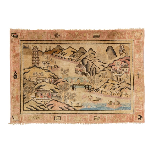 Antique Chinese Art Deco Wool Rug Handmade in Beige With Pictorial Design For Sale