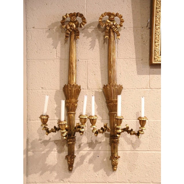 Pair of Vintage French Louis XVI Style Carved Giltwood Three-Light Wall Sconces For Sale - Image 9 of 9