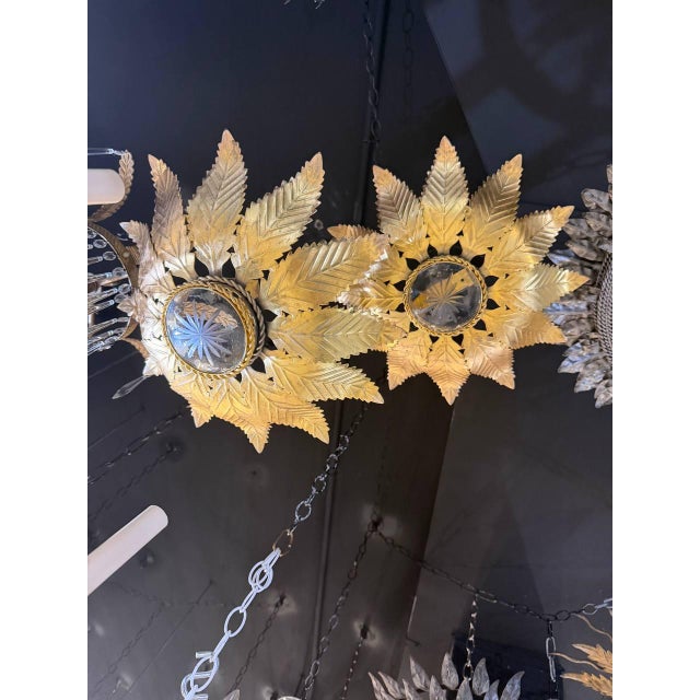 1940s French Gilt Metal Sunburst Flush Mount Light Fixture For Sale - Image 4 of 7