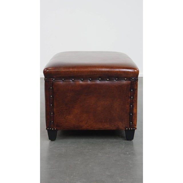 Cognac-Colored Sheepskin Stool with Decorative Studs For Sale - Image 3 of 12